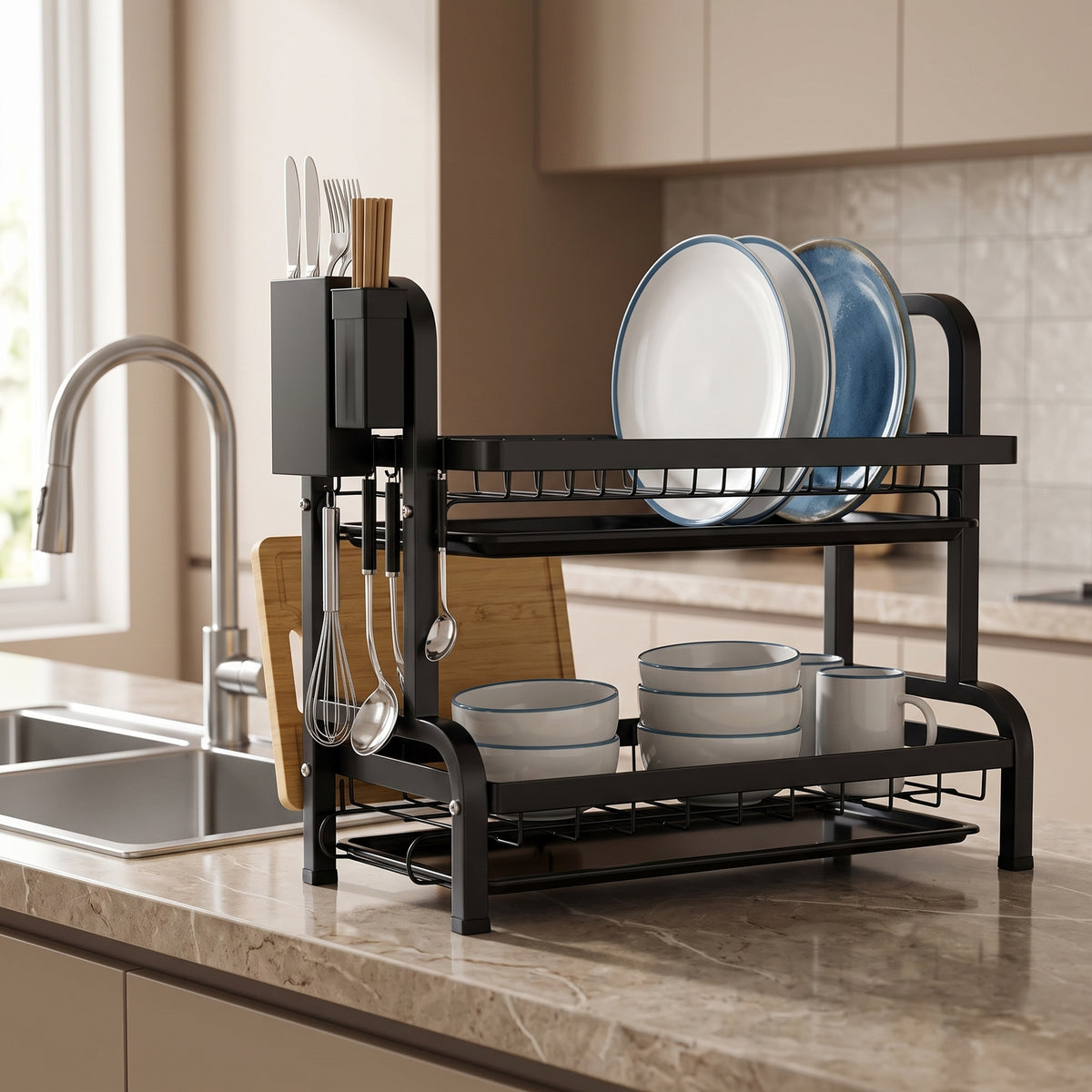 SOGA 2 Tier Steel Black Kitchen Countertop Drying Dish Rack Plate Cutlery Cutting Board Holder Dish Drainer Kitchen Organiser