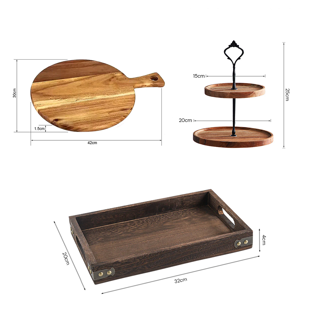 SOGA Kitchenware Bundle – Wooden Dessert Stand, Serving Tray & Premium Acacia Cutting Board