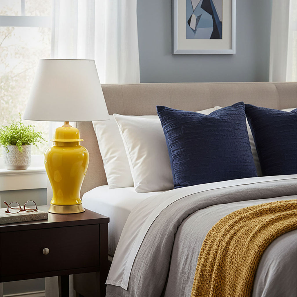 SOGA 2X Oval Ceramic Table Lamp with Gold Metal Base Desk Lamp Yellow