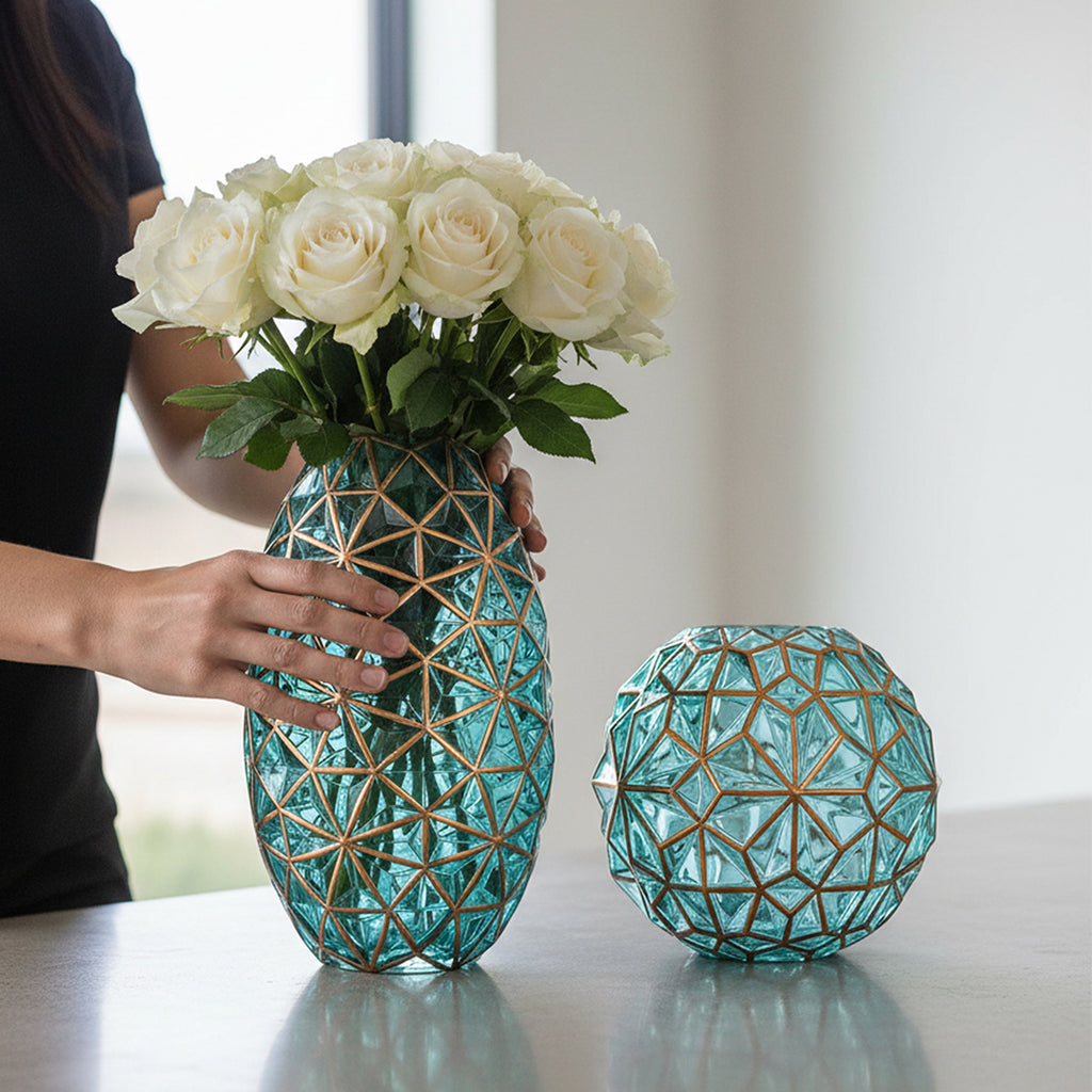 SOGA Green Colored Diamond Cut Glass Flower Vase Round Jar Home Decor with Gold Accent