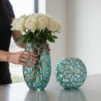 SOGA Green Colored Diamond Cut Glass Flower Vase Round Jar Home Decor with Gold Accent