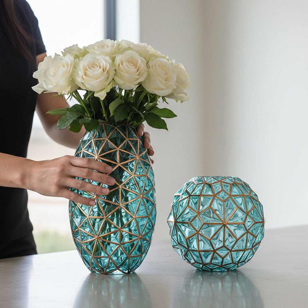 SOGA Green Colored Diamond Cut Glass Flower Vase Round Jar Home Decor with Gold Accent