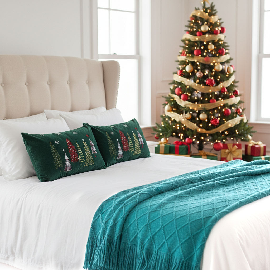 SOGA Christmas Bundle C – 2 Dark Green Christmas Forest Lumbar Pillow & Teal Knitted Throw Blanket