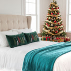 SOGA Christmas Bundle C – 2 Dark Green Christmas Forest Lumbar Pillow & Teal Knitted Throw Blanket
