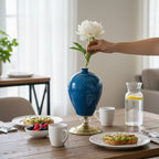 SOGA 42cm Ceramic Oval Flower Vase with Gold Metal Base Dark Blue