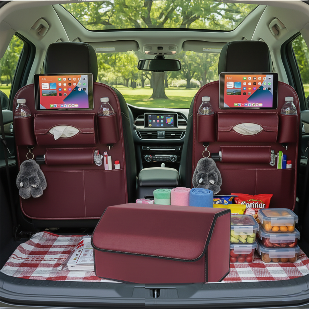 SOGA Car Bundle B – 2 Red Back Seat Storage Organizer & Collapsible Trunk Cargo Box