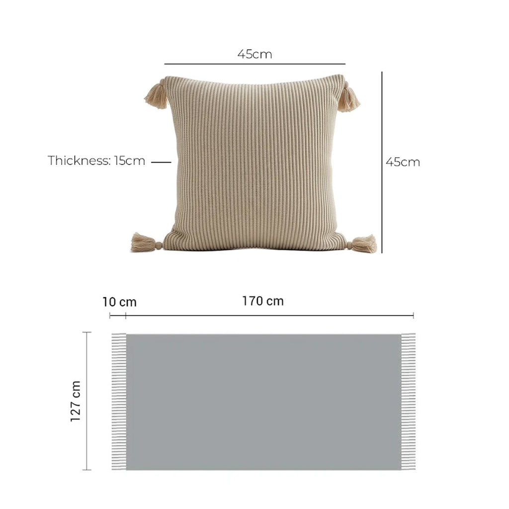 SOGA Home & Living Bundle – 2 Khaki Wabi-Sabi Tassel Pillows & Coffee Knitted Blanket