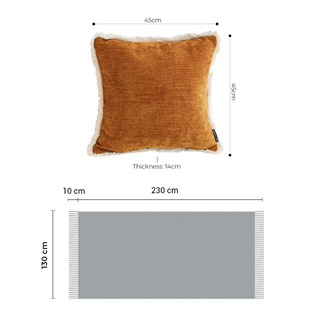 SOGA Home & Living Bundle – 2 Sunset Orange Chenille Pillow & Yellow Diamond Knitted Blanket