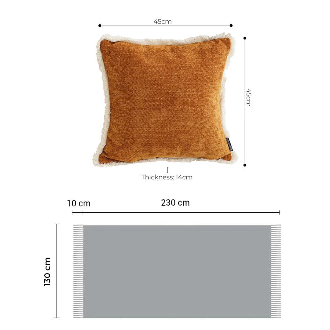 SOGA Home & Living Bundle – 2 Sunset Orange Chenille Pillow & Yellow Diamond Knitted Blanket