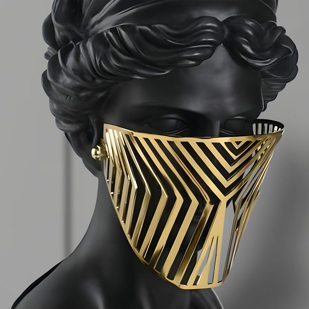 SOGA 40cm Black Resin Bust – Gold Striped Mask Home Sculpture