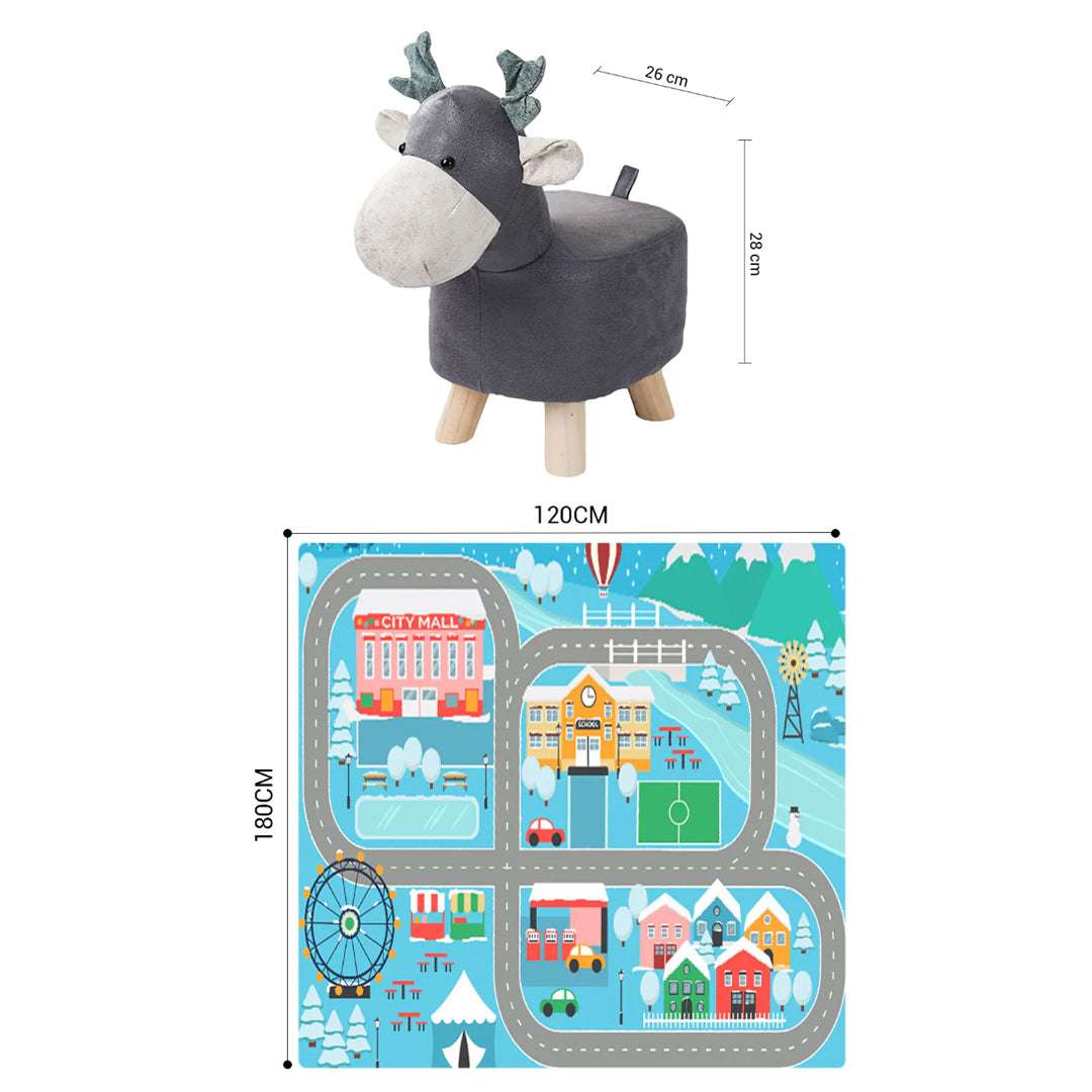 SOGA Home & Living Bundle – 2 Grey Deer Character Children's Ottoman & Kids Street Map Rug $ 139