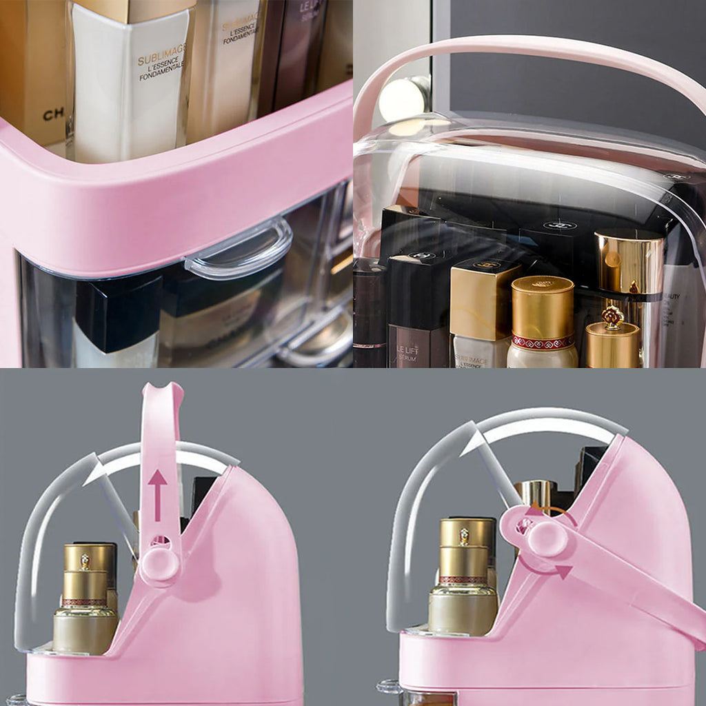 SOGA 3 Tier Pink Countertop Makeup Cosmetic Storage Organizer Skincare Holder Jewelry Storage Box with Handle