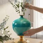SOGA 2x 38cm Ceramic Oval Flower Vase with Gold Metal Base Green