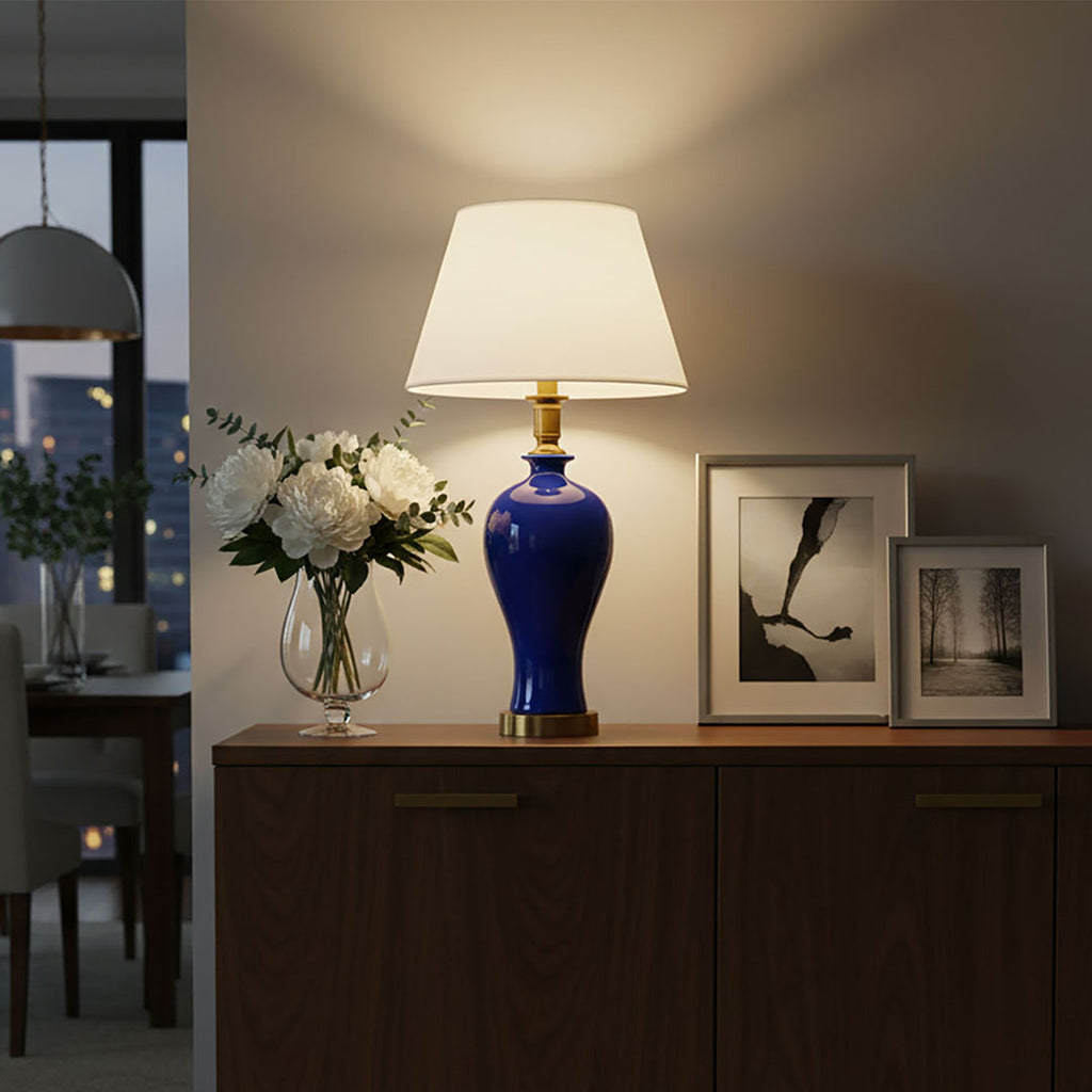 SOGA 2X Blue Ceramic Oval Table Lamp with Gold Metal Base