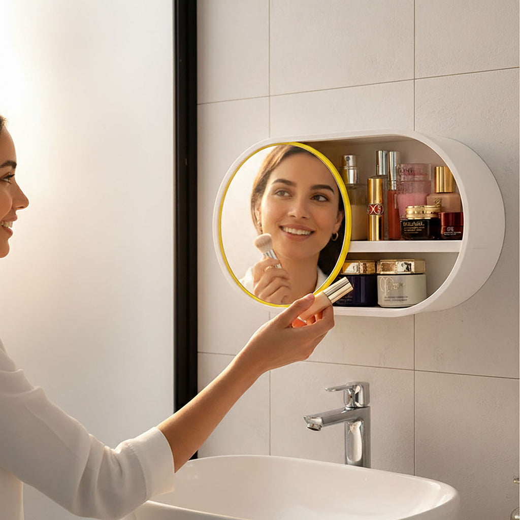 SOGA 39cm Oval Wall-Mounted Mirror Storage Box Vanity Mirror Rack Bathroom Adhesive Shelf Home Organiser Decor