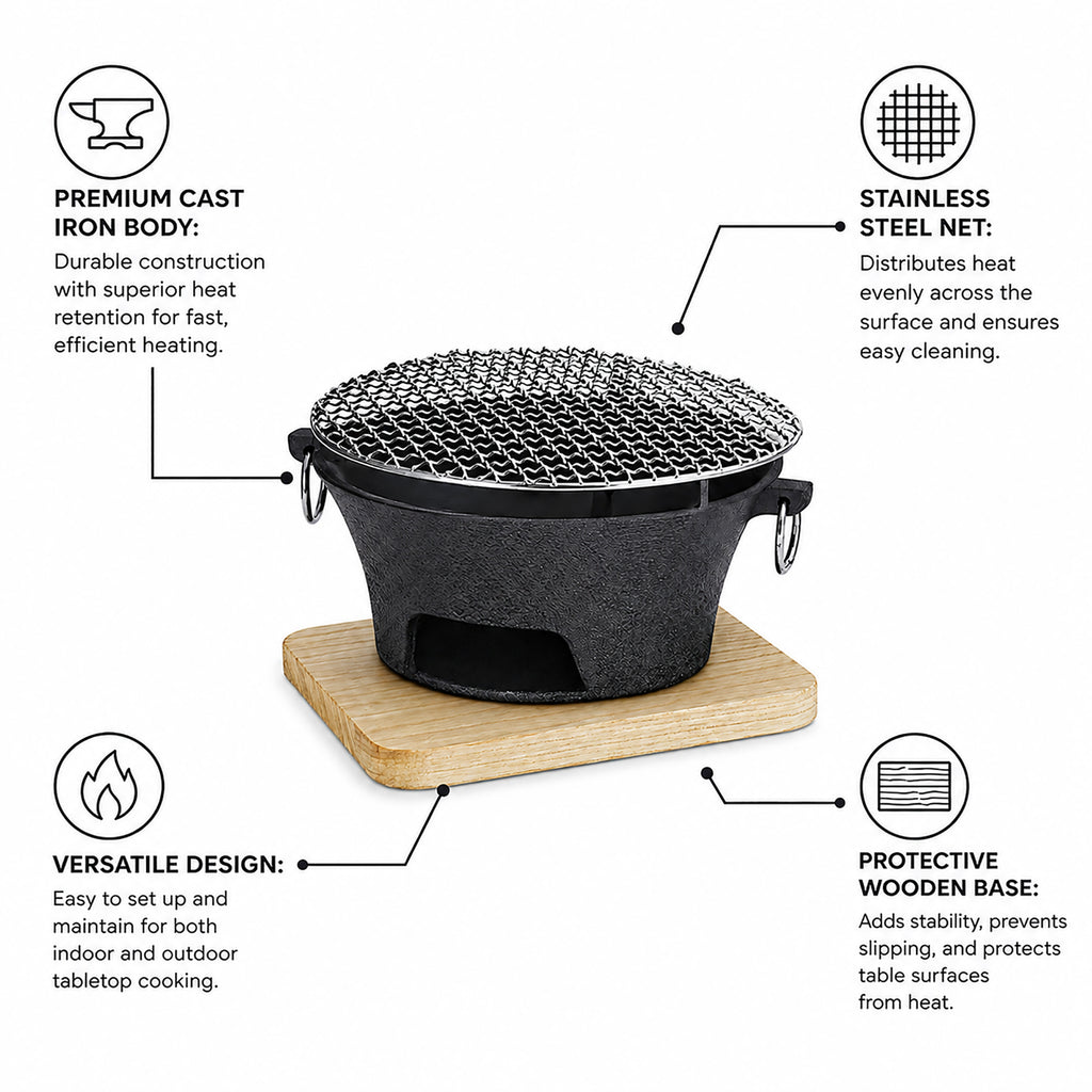 SOGA Medium Cast Iron Round Stove Charcoal Table Net Grill Japanese Style BBQ Picnic Camping with Wooden Board
