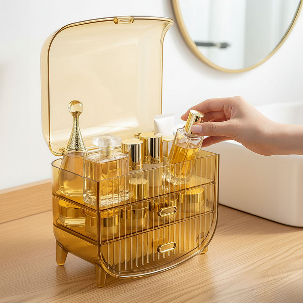SOGA 2X 3 Tier Golden Yellow Multifunctional Countertop Cosmetic Storage Makeup Perfume Skincare Display Stand Shelf Drawer Type Organiser