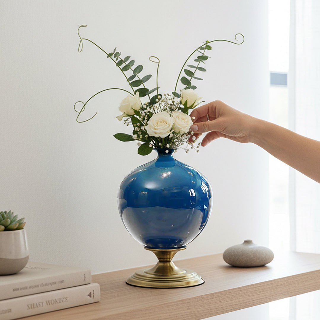 SOGA 38cm Ceramic Oval Flower Vase with Gold Metal Base Dark Blue