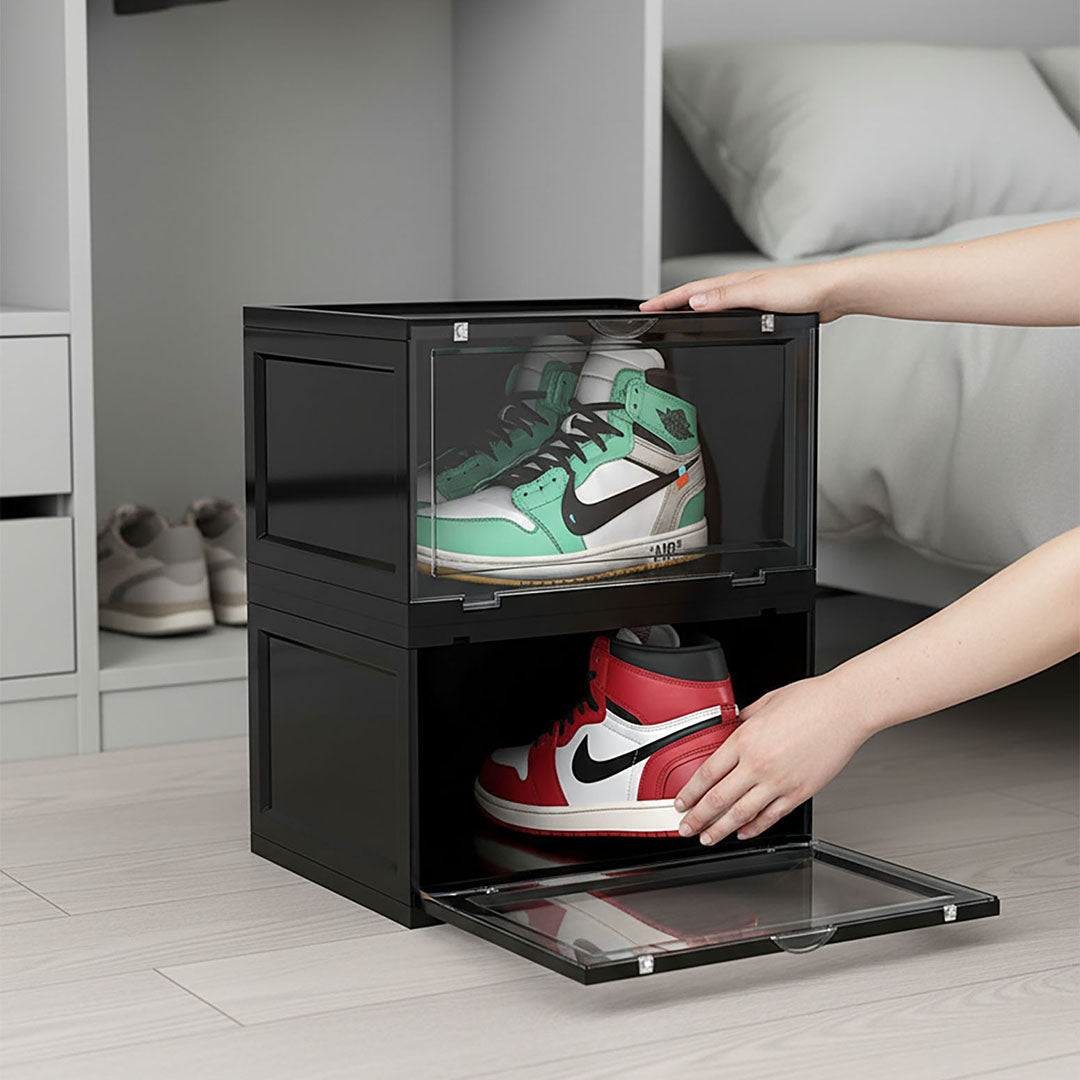 SOGA 2 Tier Black Portable Shoe Organiser Sneaker Footwear Folding Plastic Bin Stackable Storage Box with Magnetic Door