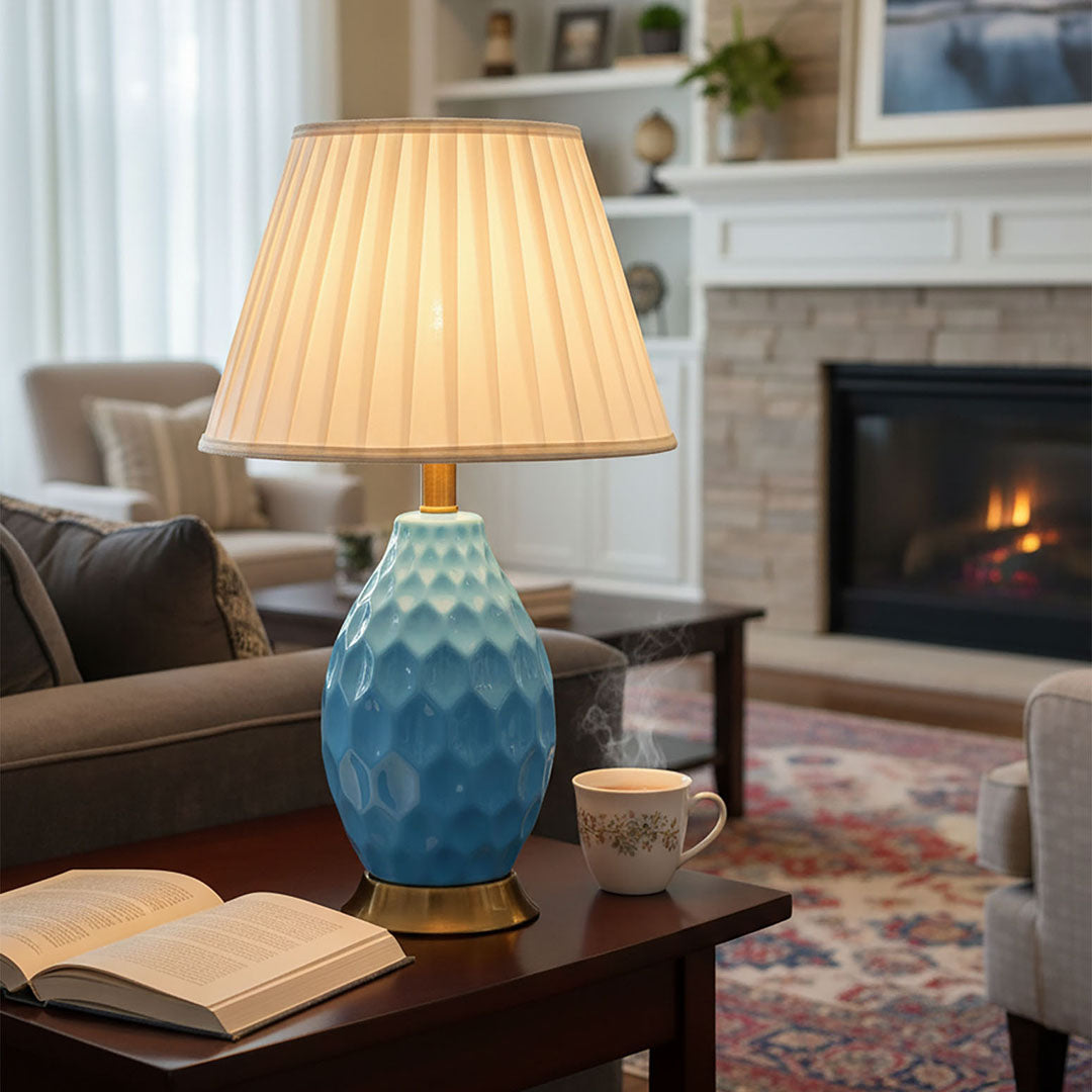 SOGA 2X Textured Ceramic Oval Table Lamp with Gold Metal Base Blue