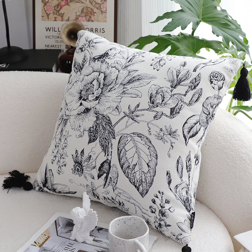 SOGA 2X 50cm Throw Pillow  Black and White Elegant Floral Print with Tassel Accents Home Decor