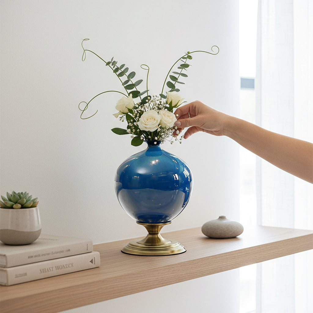 SOGA 2x 38cm Ceramic Oval Flower Vase with Gold Metal Base Dark Blue