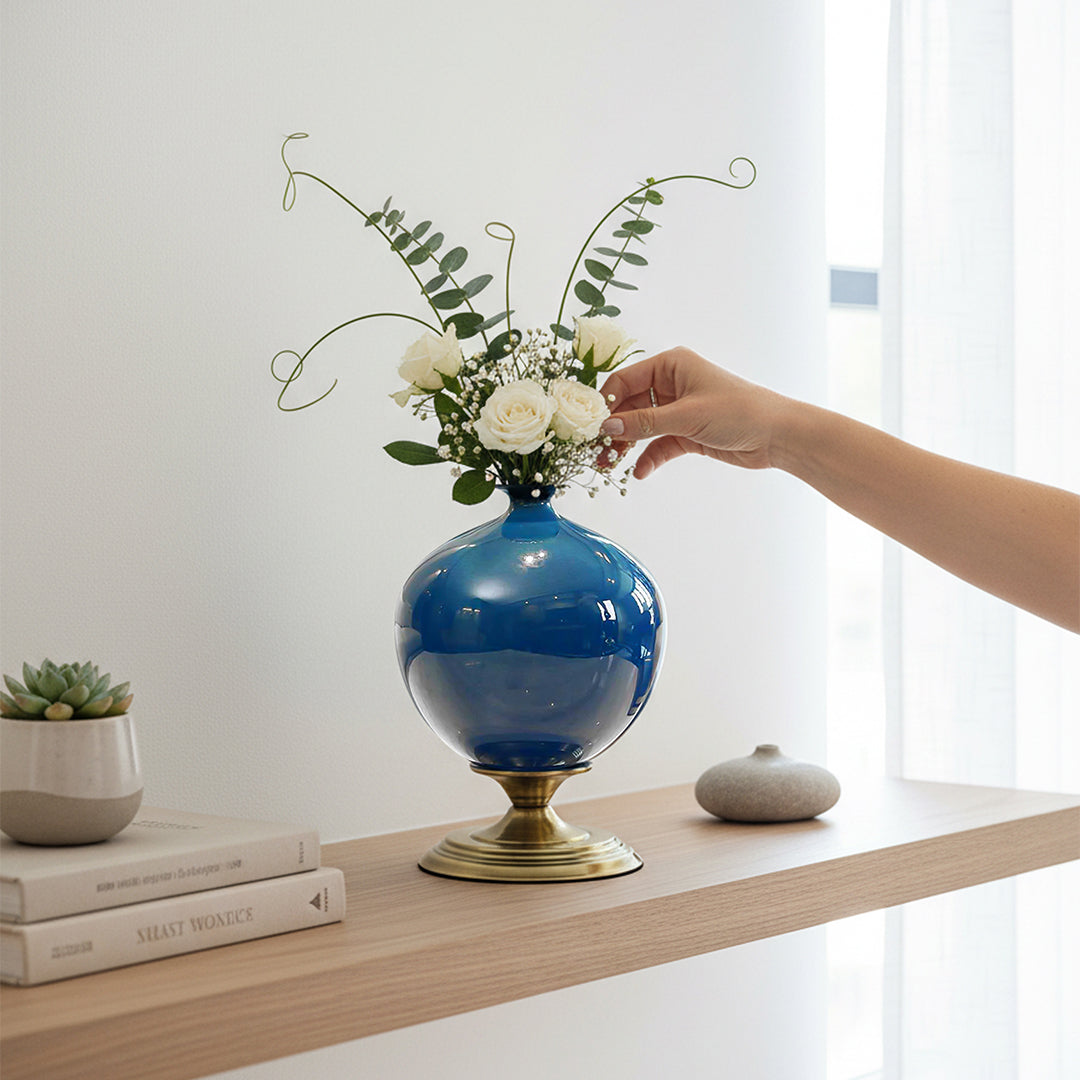 SOGA 2x 38cm Ceramic Oval Flower Vase with Gold Metal Base Dark Blue