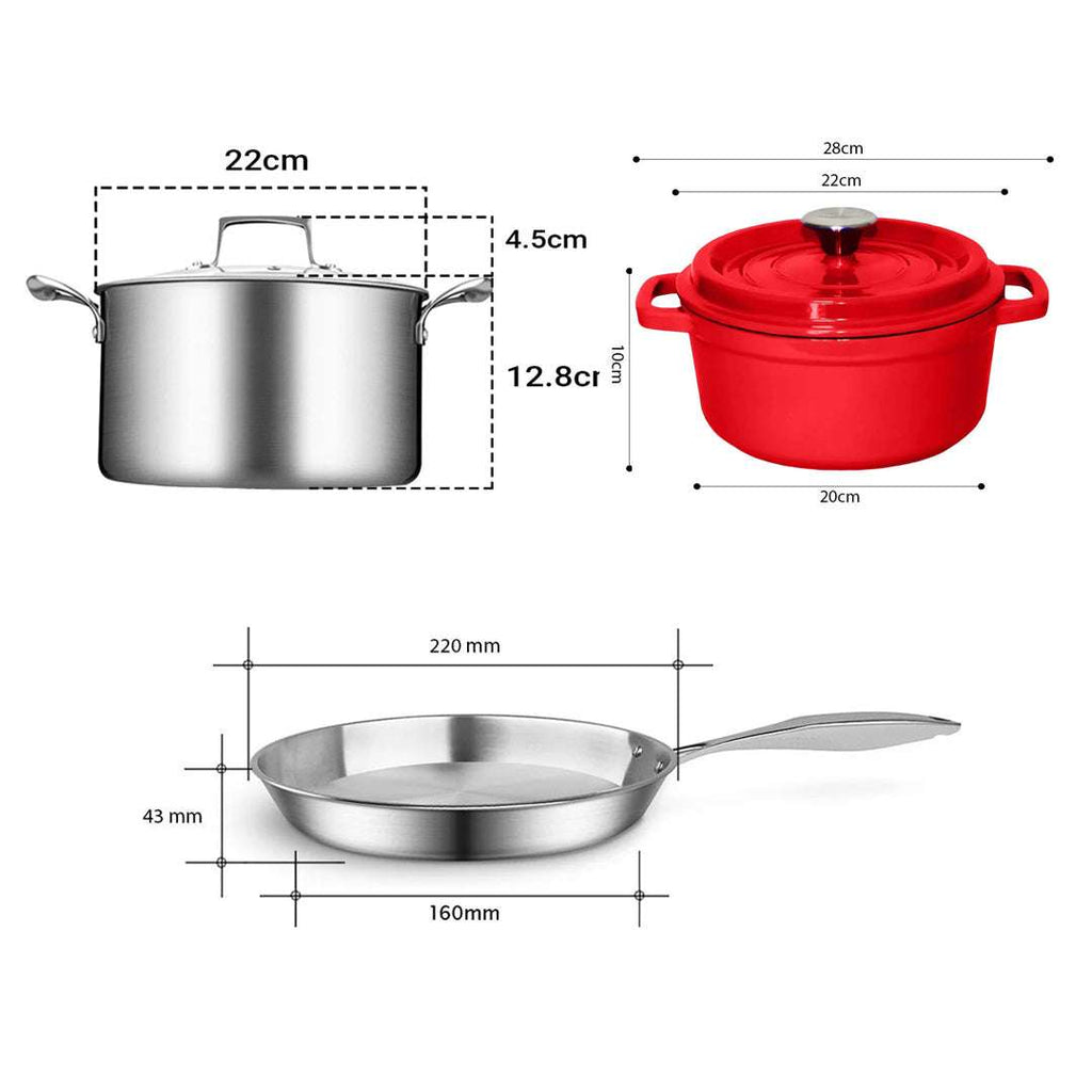 SOGA Kitchenware Bundle – Red Enamel Stewpot, Stainless Steel Fry Pan & Soup Stockpot $ 282