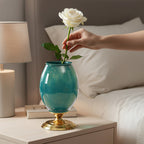 SOGA 40cm Ceramic Oval Flower Vase with Gold Metal Base Green