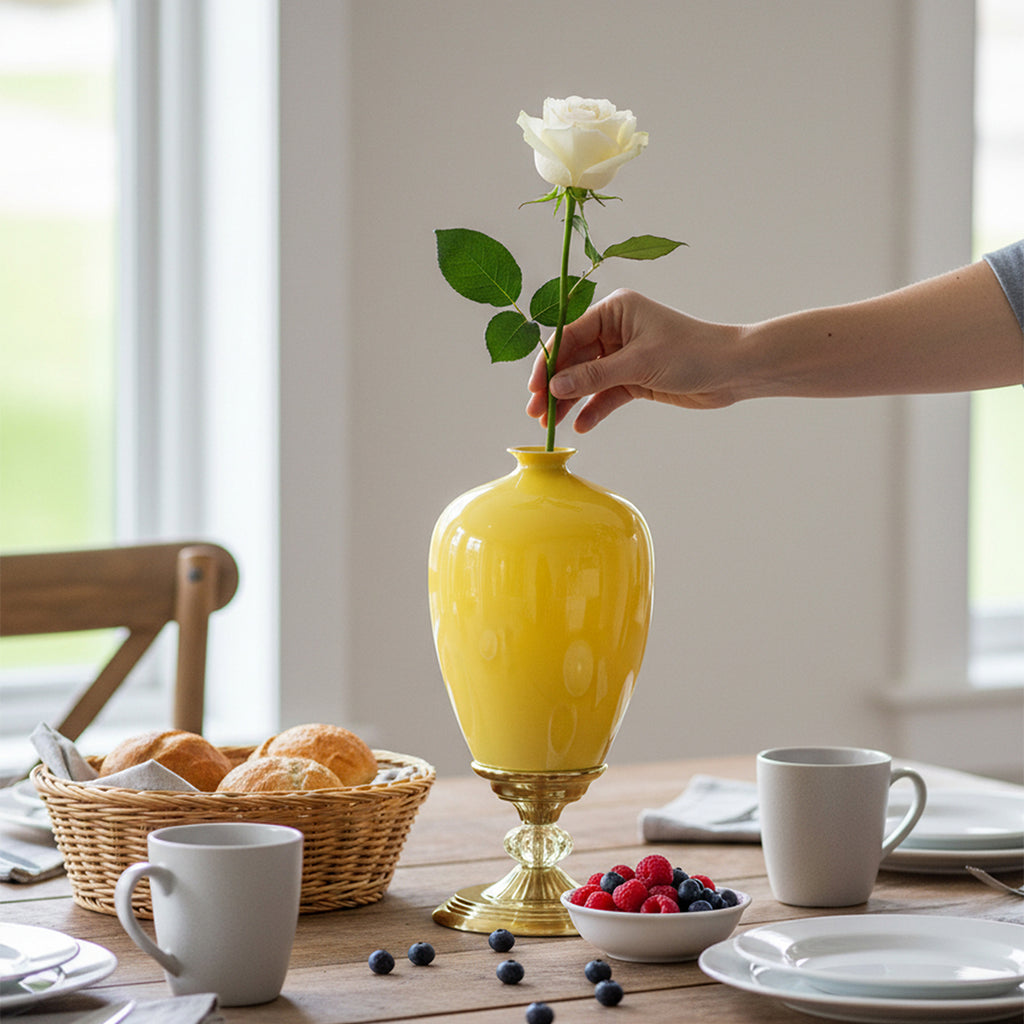 SOGA 42cm Ceramic Oval Flower Vase with Gold Metal Base Yellow