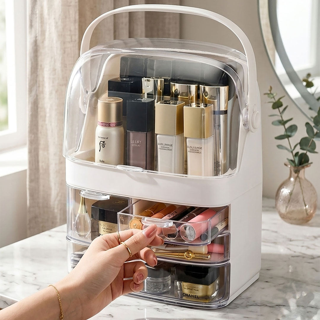 SOGA 3 Tier White Countertop Makeup Cosmetic Storage Organiser Skincare Holder Jewelry Storage Box with Handle