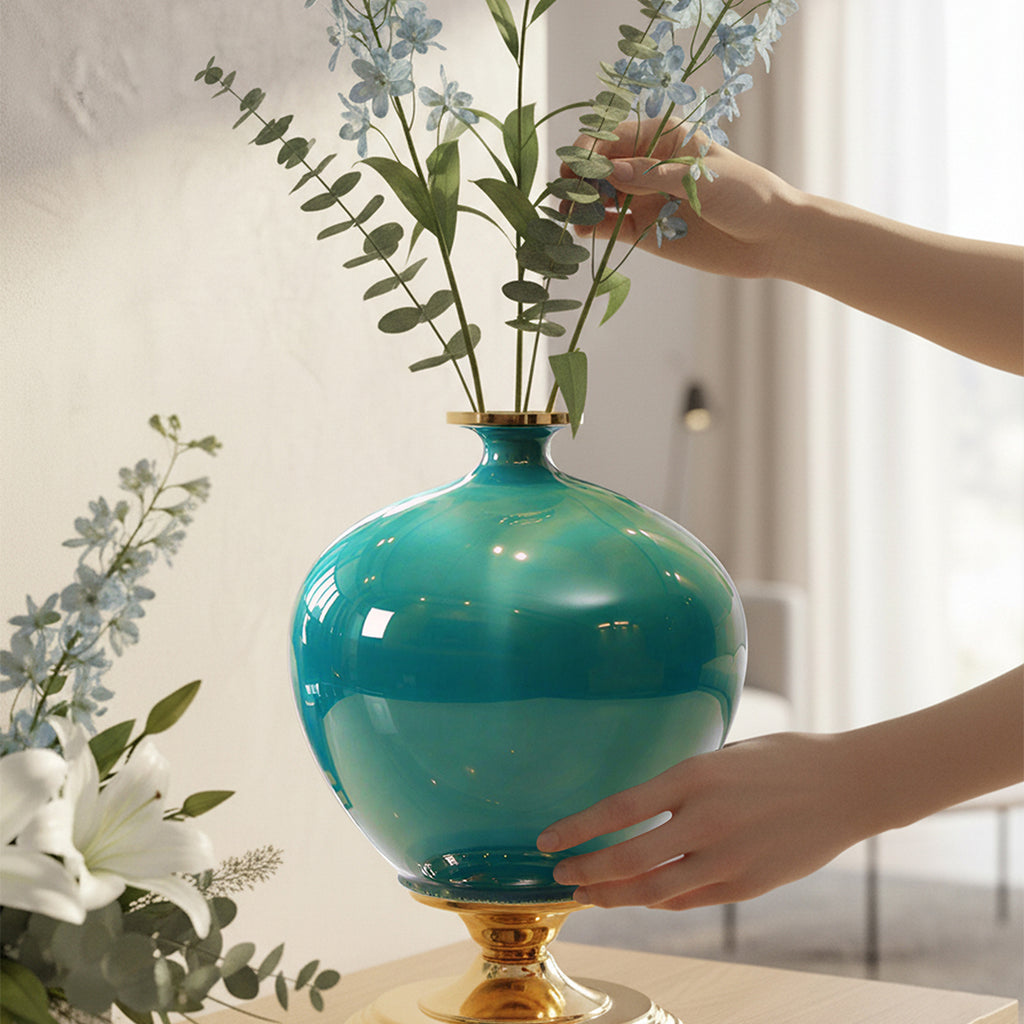 SOGA 38cm Ceramic Oval Flower Vase with Gold Metal Base Green