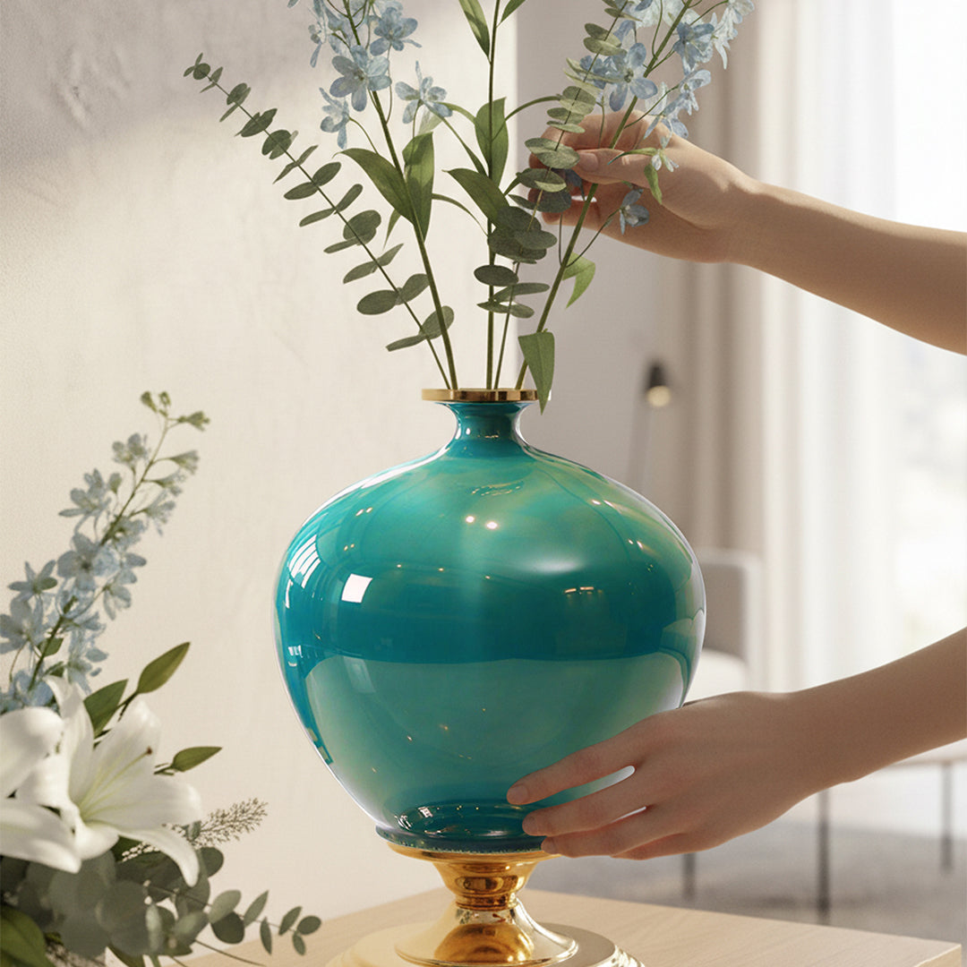 SOGA 38cm Ceramic Oval Flower Vase with Gold Metal Base Green