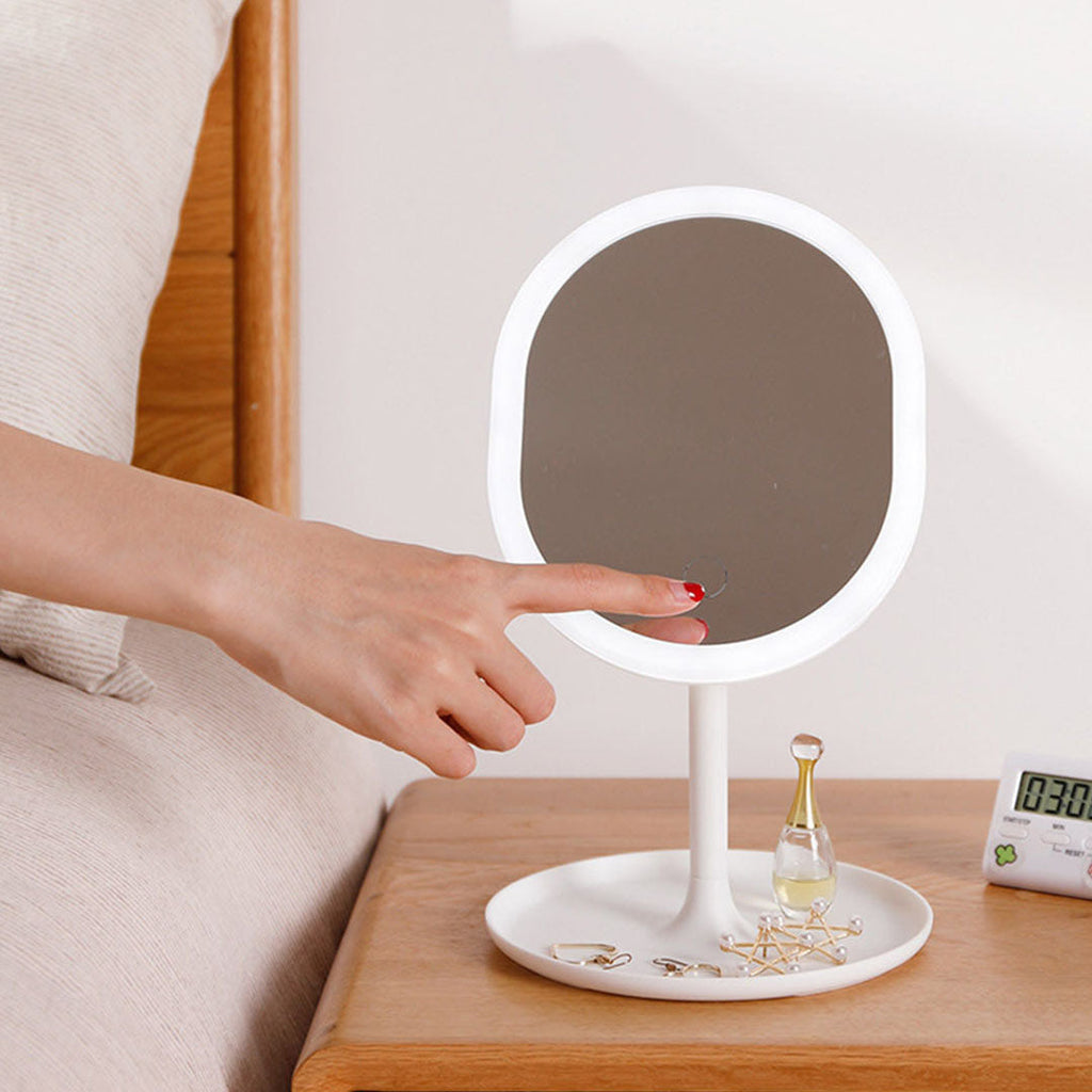 SOGA Transparent Cosmetic Storage with Pearls Skincare Holder and 20cm White Rechargeable LED Light Makeup Tabletop Mirror Set