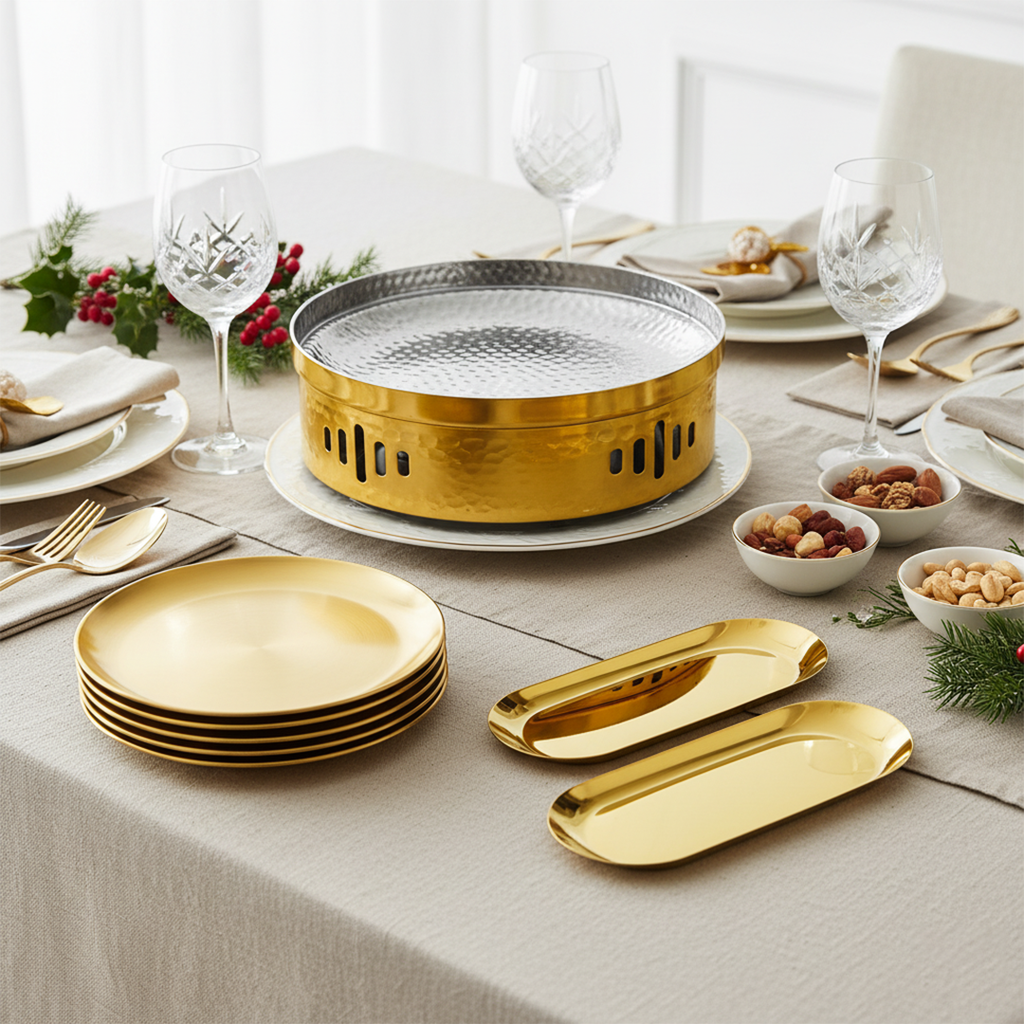 SOGA Kitchenware Bundle – Gold Nordic Plate Set, 26cm Grilling Plate & 28cm DryPot $ 181