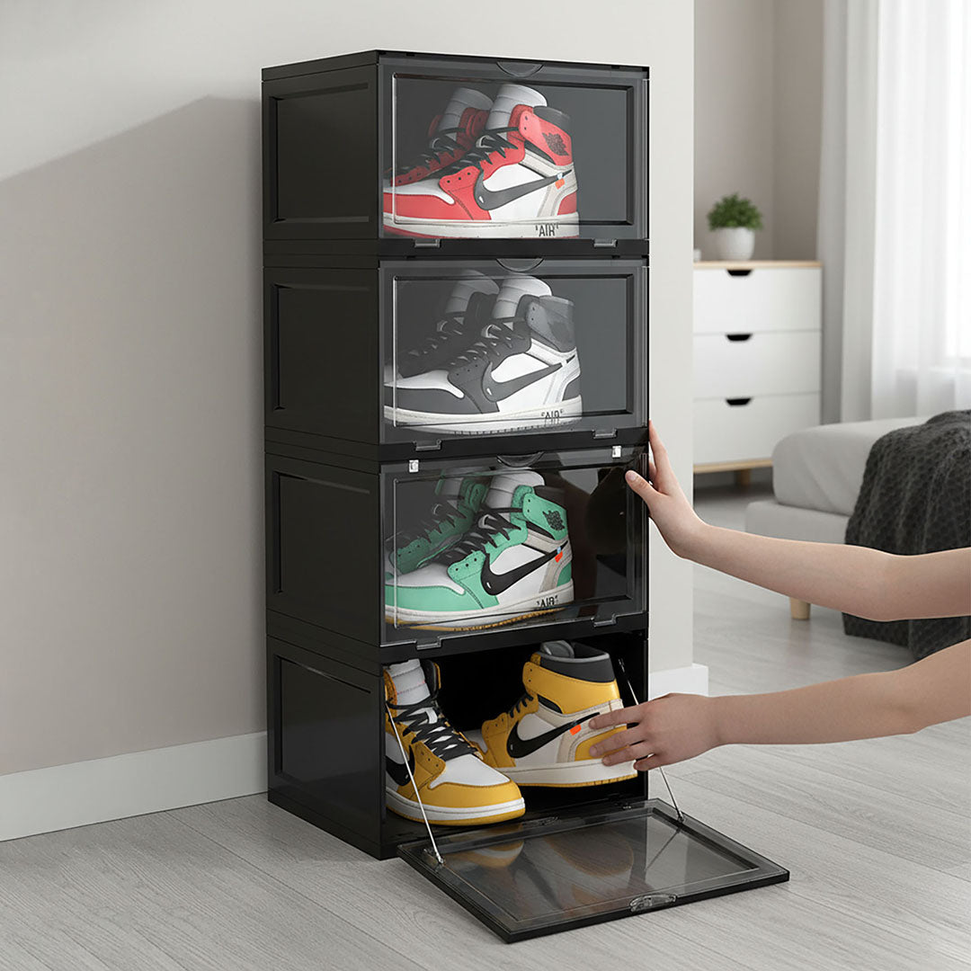 SOGA 4 Tier Black Portable Shoe Organiser Sneaker Footwear Folding Plastic Bin Stackable Storage Box with Magnetic Door