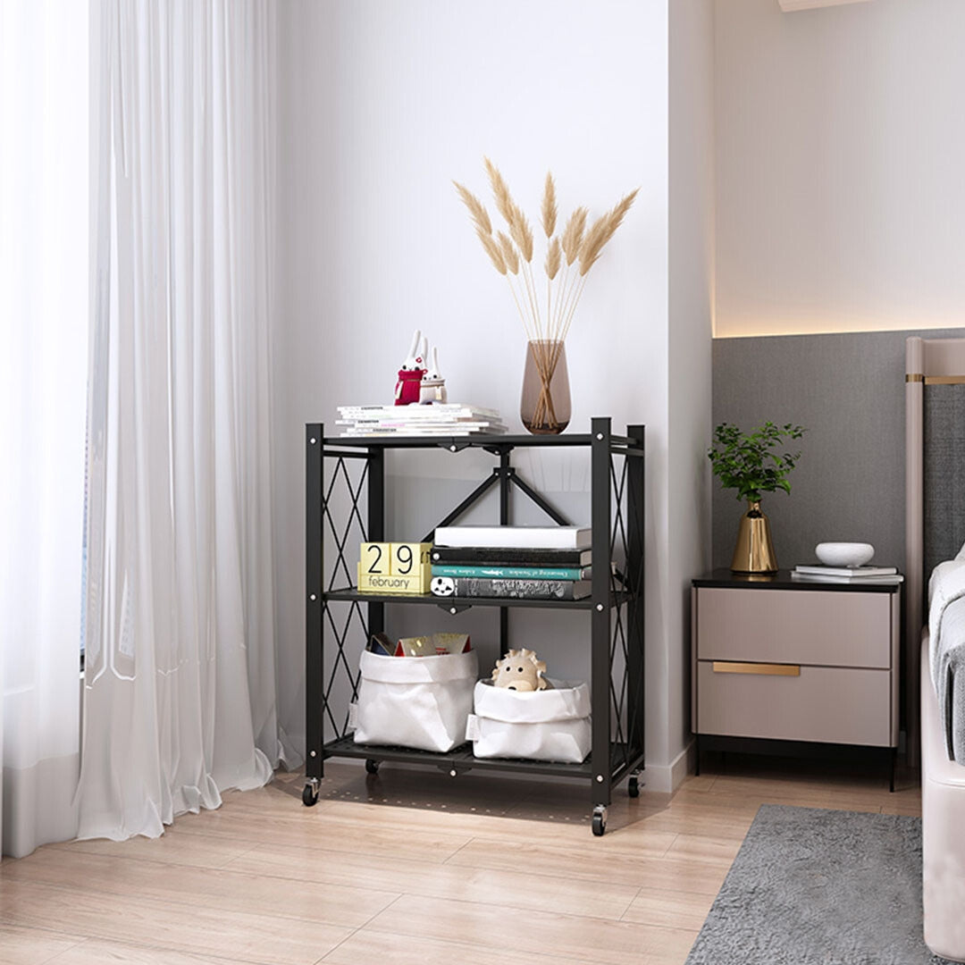 SOGA 2X 3 Tier Steel Black Foldable Kitchen Cart Multi-Functional Shelves Storage Organizer with Wheels