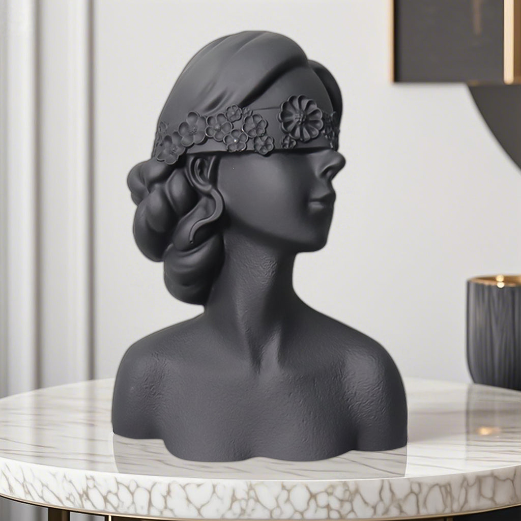 SOGA 36cm Black Resin Sculpture – Blindfold Lady Bust Home Decor