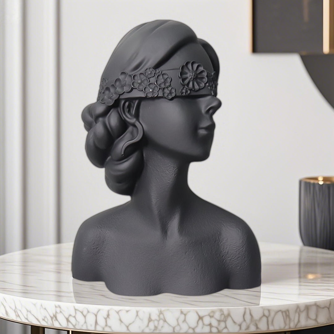 SOGA 36cm Black Resin Sculpture – Blindfold Lady Bust Home Decor