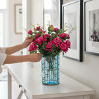 SOGA Blue Glass Cylinder Flower Vase with 8 Bunch 5 Heads Artificial Fake Silk Rose Home Decor Set