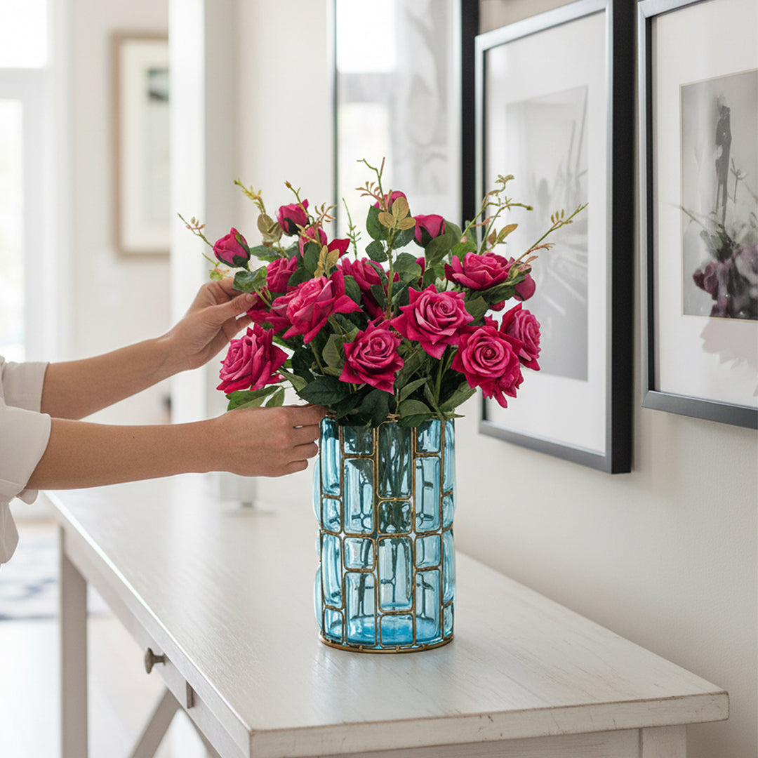 SOGA Blue Glass Cylinder Flower Vase with 8 Bunch 5 Heads Artificial Fake Silk Rose Home Decor Set