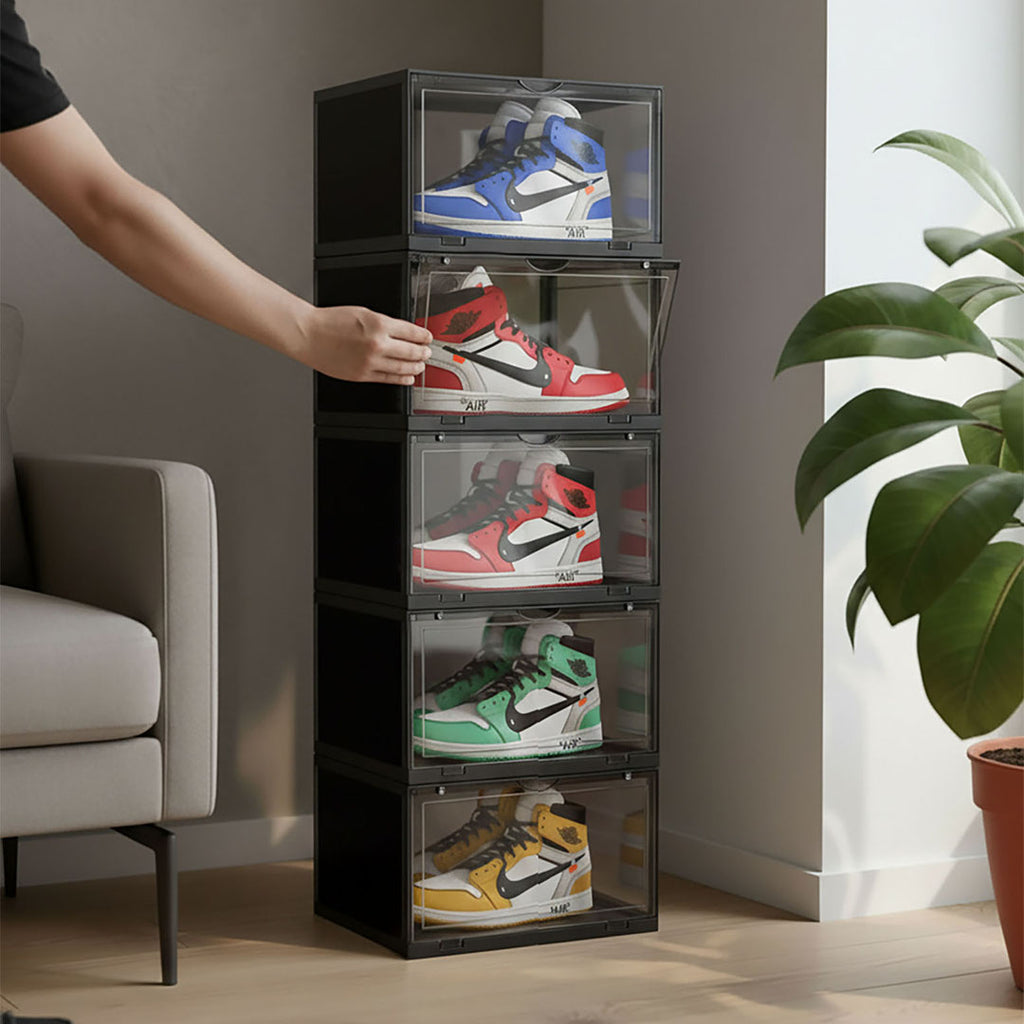 SOGA 5 Tier Black Portable Shoe Organiser Sneaker Footwear Folding Plastic Bin Stackable Storage Box with Magnetic Door
