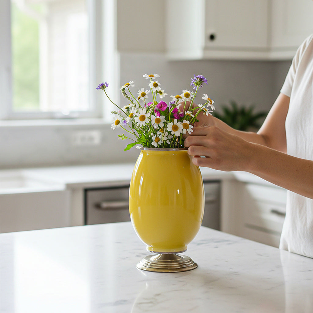 SOGA 2x 40cm Ceramic Oval Flower Vase with Gold Metal Base Yellow