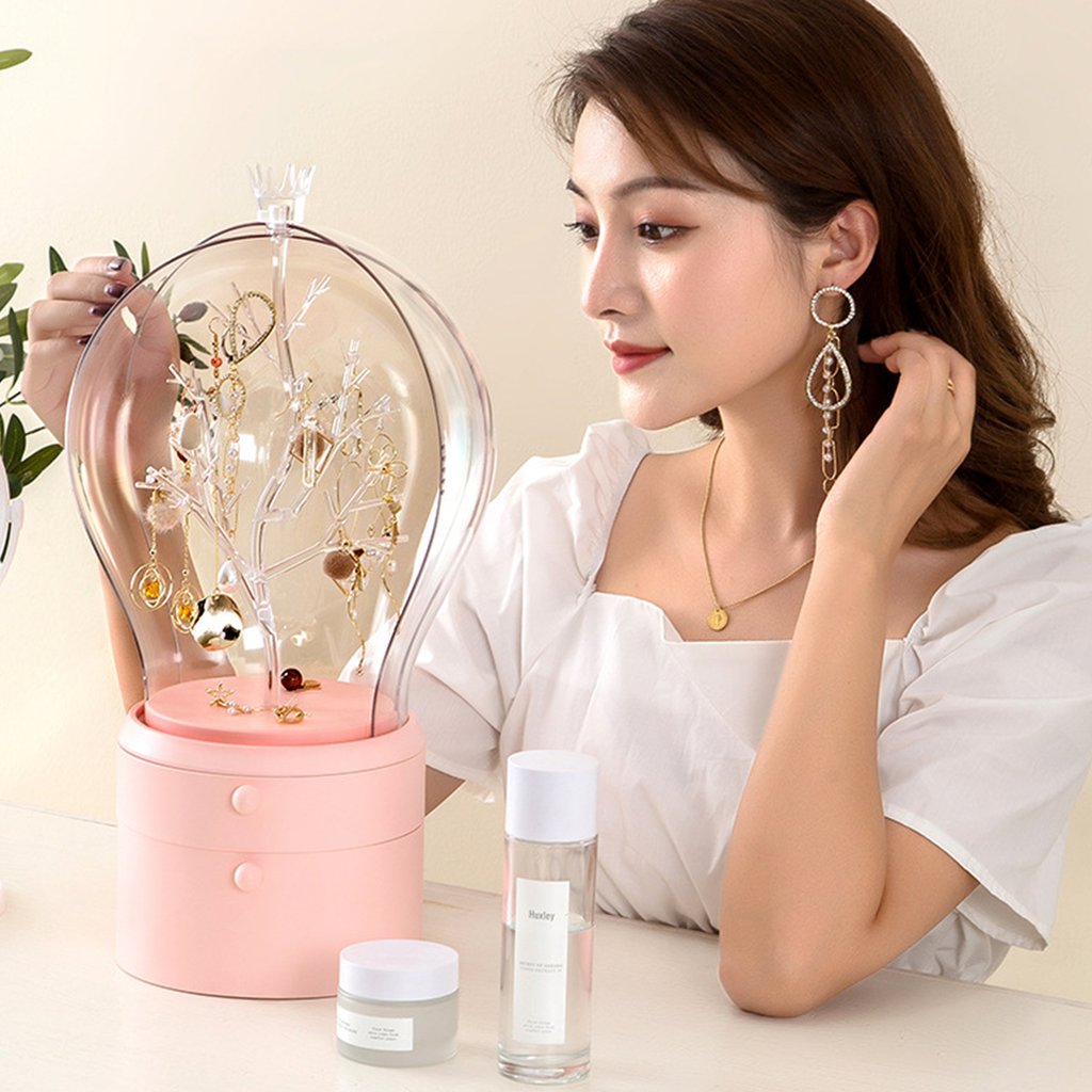 SOGA Pink 360 Degree Rotating 2 Layered Jewelry Storage Box Waterproof Dustproof Accessories Organiser