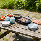 SOGA Kitchenware Bundle – 2-in-1 Electric BBQ Teppanyaki Grill, Blue Ceramic Dinnerware & Silver Grilling Plate