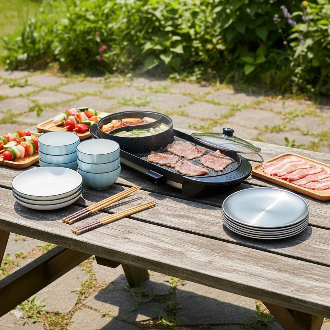 SOGA Kitchenware Bundle – 2-in-1 Electric BBQ Teppanyaki Grill, Blue Ceramic Dinnerware & Silver Grilling Plate