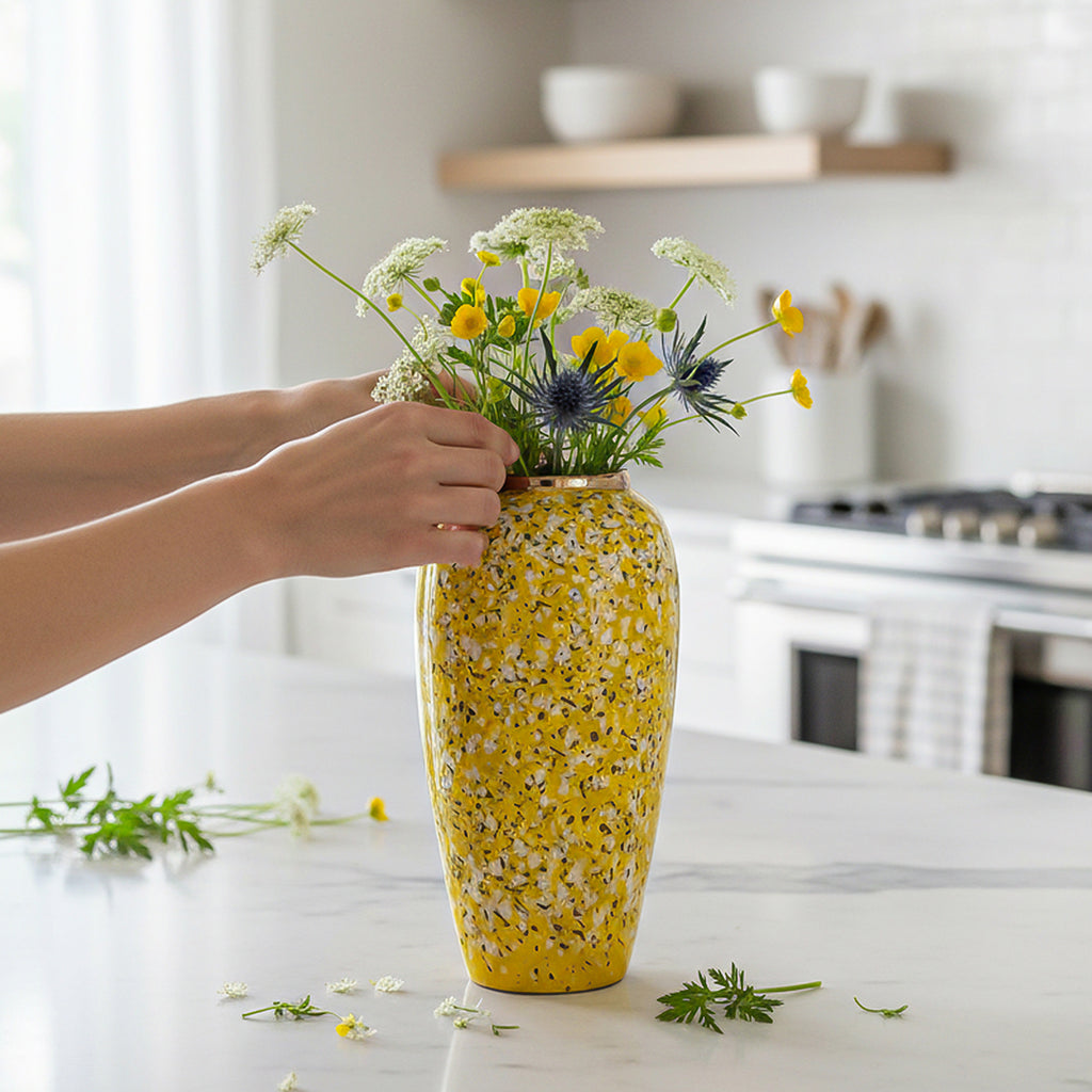 SOGA 35x17cm Yellow with White Mini Floral Large Ceramic Flower Vase Elegant Living Room Home Decor