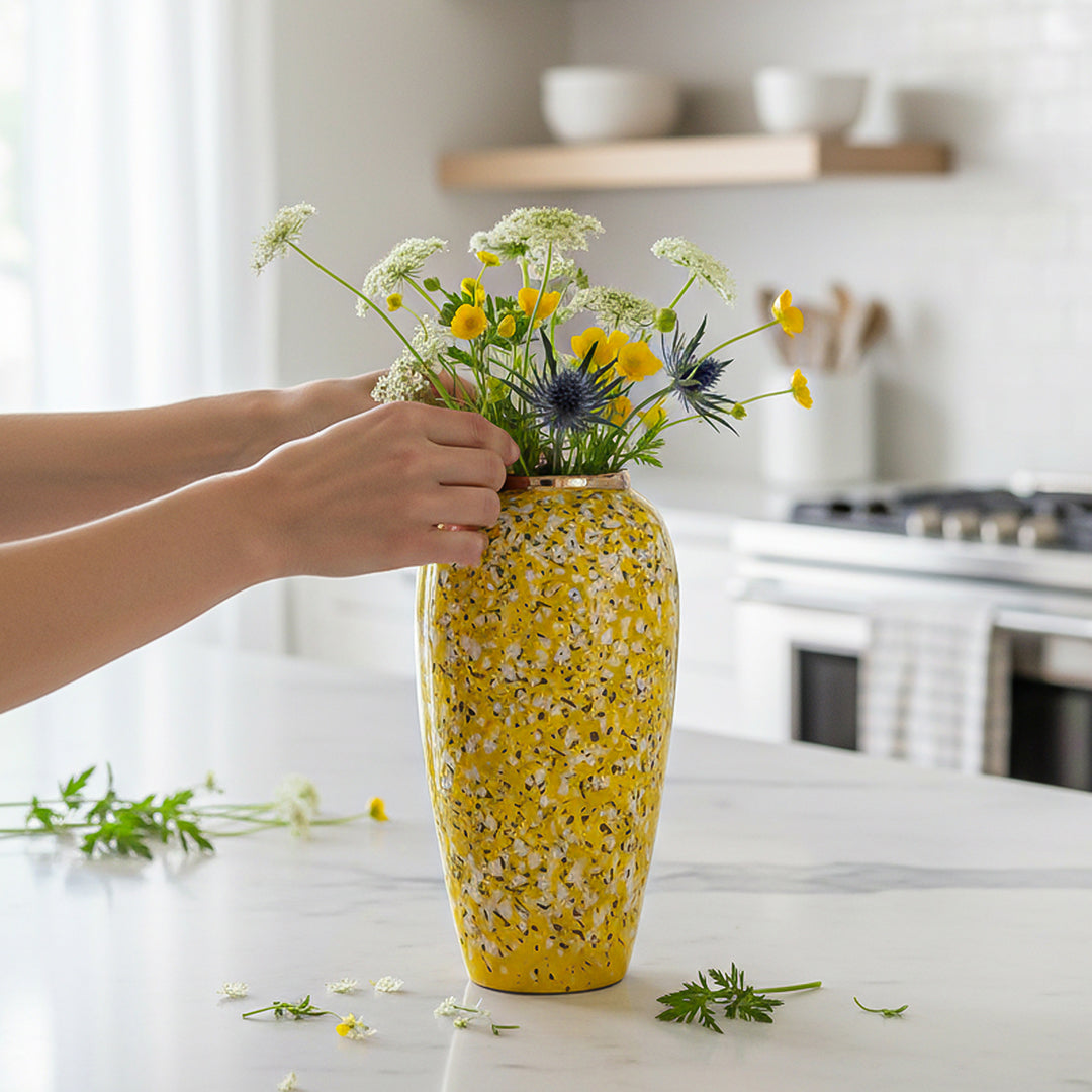 SOGA 35x17cm Yellow with White Mini Floral Large Ceramic Flower Vase Elegant Living Room Home Decor