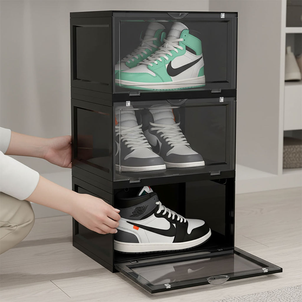 SOGA 3 Tier Black Portable Shoe Organiser Sneaker Footwear Folding Plastic Bin Stackable Storage Box with Magnetic Door