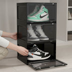 SOGA 3 Tier Black Portable Shoe Organiser Sneaker Footwear Folding Plastic Bin Stackable Storage Box with Magnetic Door